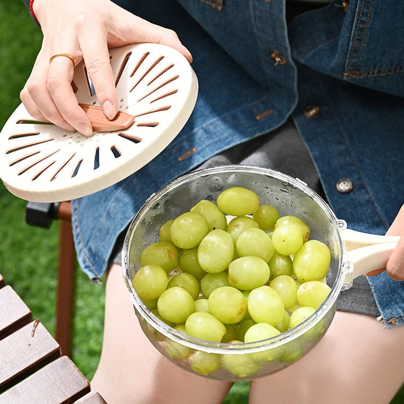Fruit Drain Basket With Lid Vegetable Washing Bowl Foldable Handle